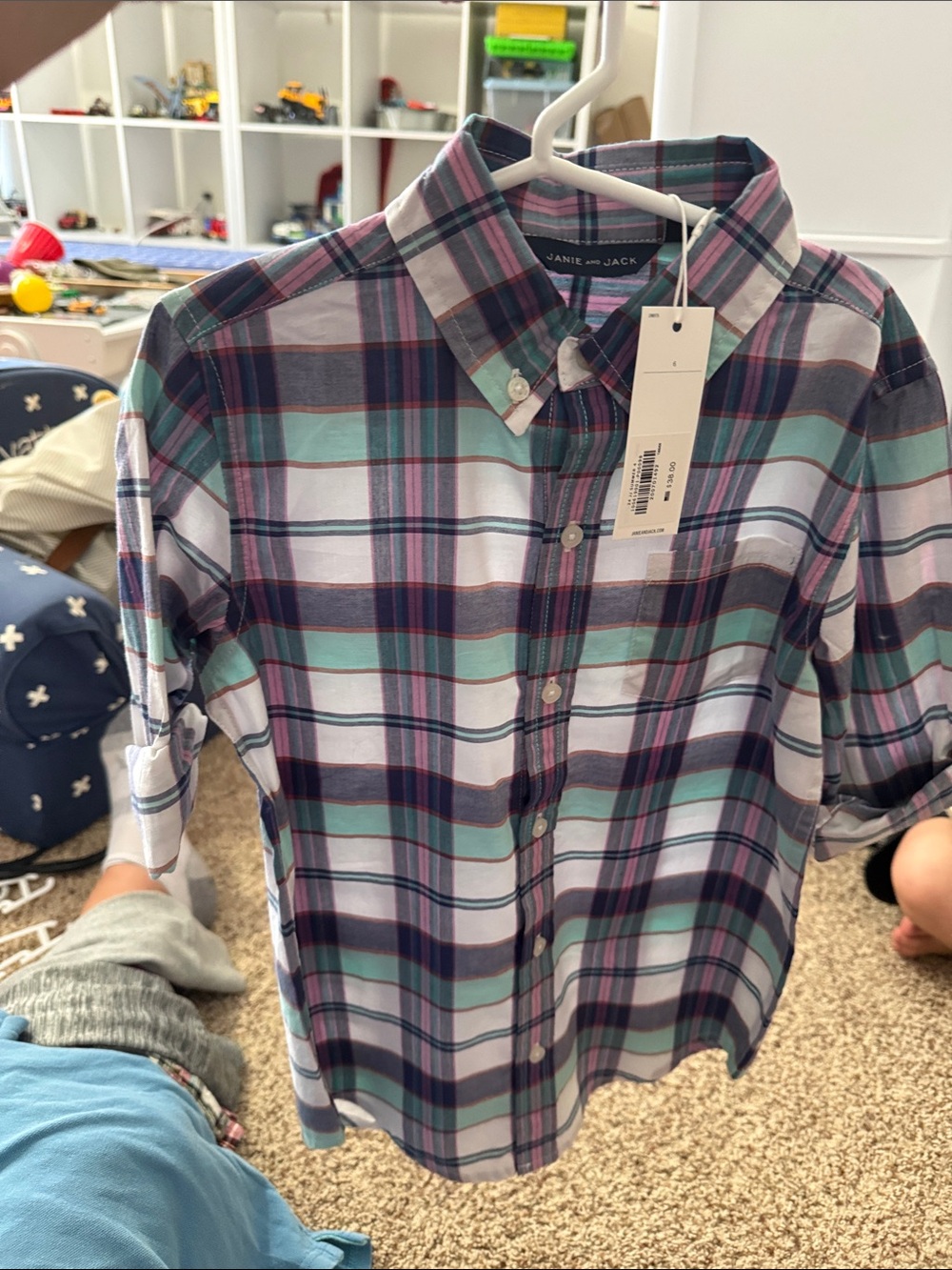 Janie and Jack Plaid Button-Down Shirt in Aqua, Navy & Purple